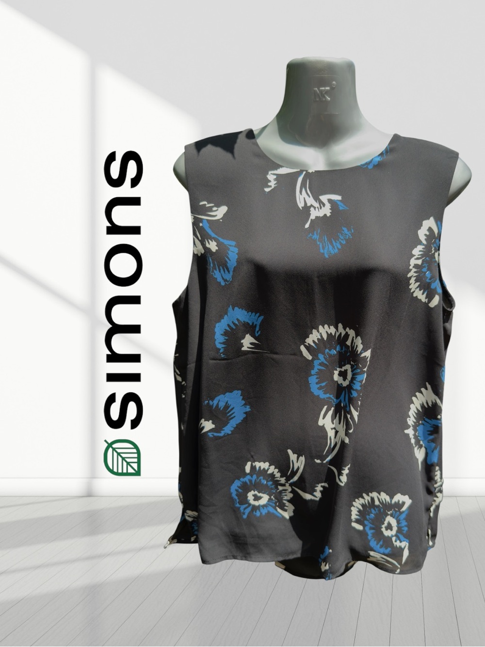 Simons Black Floral Sleeveless Camisole with Blue Accents